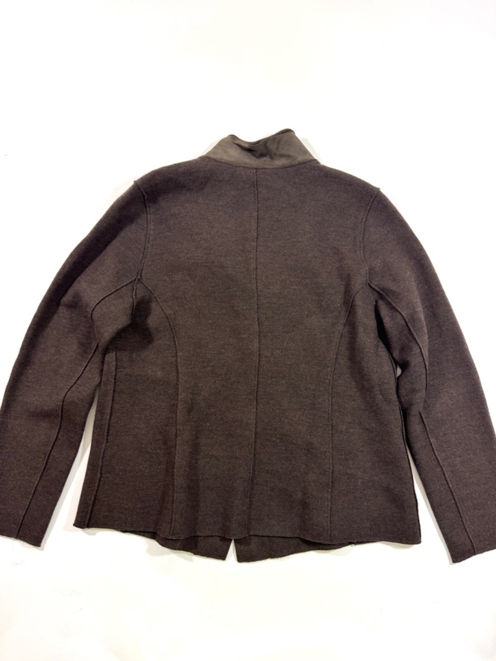 New Eileen Fisher Notch Collar Jacket Blazer Merino Wool Lamb Leather Peat Brown - Picture 2 of 8